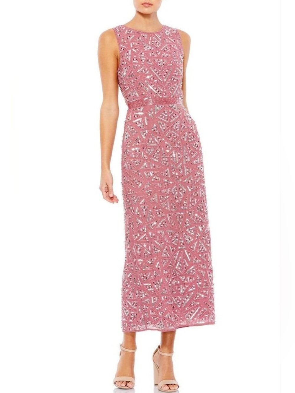 NWT Mac Duggal Pink Midi Dress Sequin Column Sleeveless High Neck 93550 Size 2